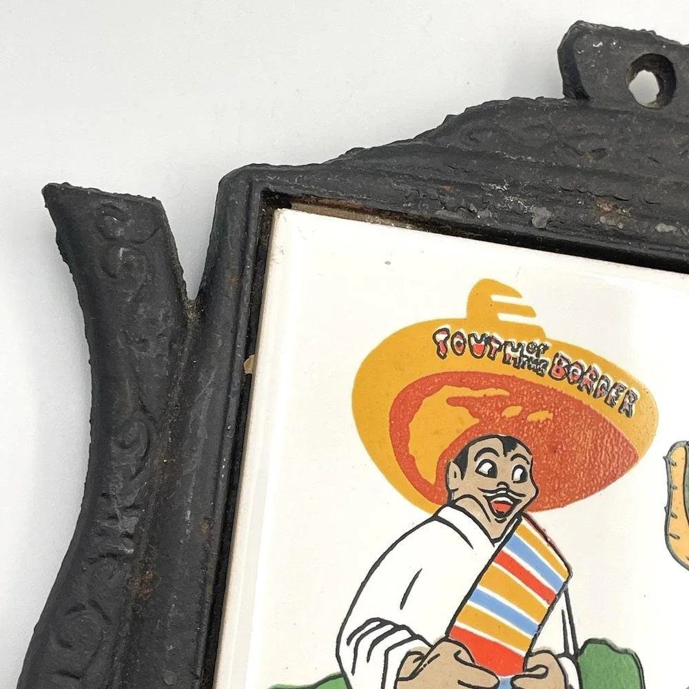 Vintage 1970s Cast Iron Teapot Trivet Mexican Cactus Tile South‎ of the Border